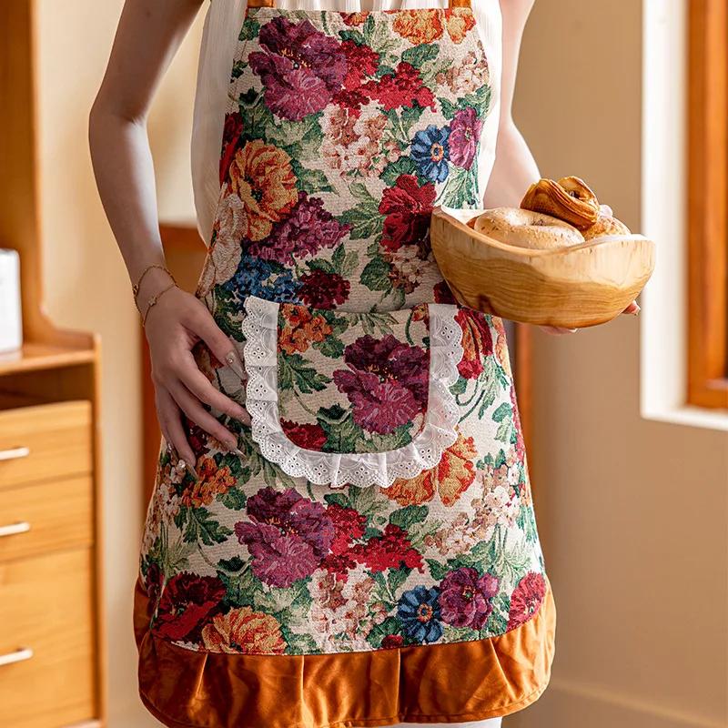 Designer Vintage Women Apron Home Kitchen Cooking Hanging Neck Art Smock French Lace Pocket Floral Smock Woman