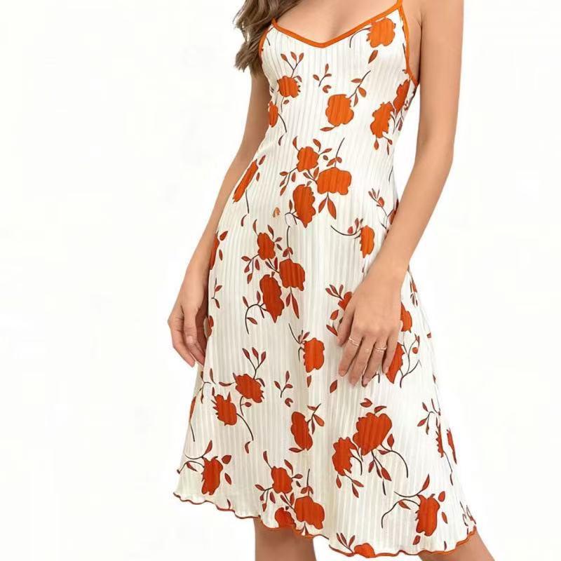 Women's Sexy Printed Camisole Nightgown with Chest Tie-Up