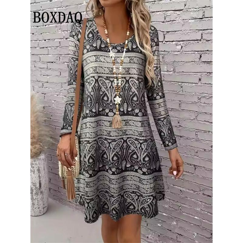 Women's Clothing Autumn Women Retro Flowers Dress Summer Vintage Causal Fashion Long Sleeve