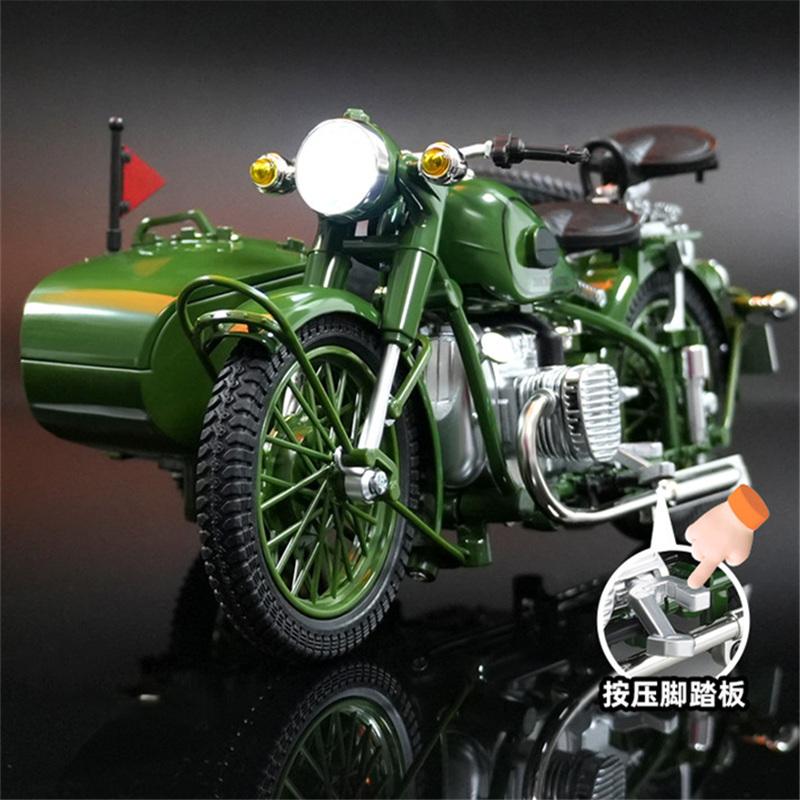 1/10 Legierung Retro Dreirad Beiwagen Motorrad Modell Druckguss Metall Klassisches Militär Motorrad Modell Sound und Licht Kinderspielzeug Geschenk