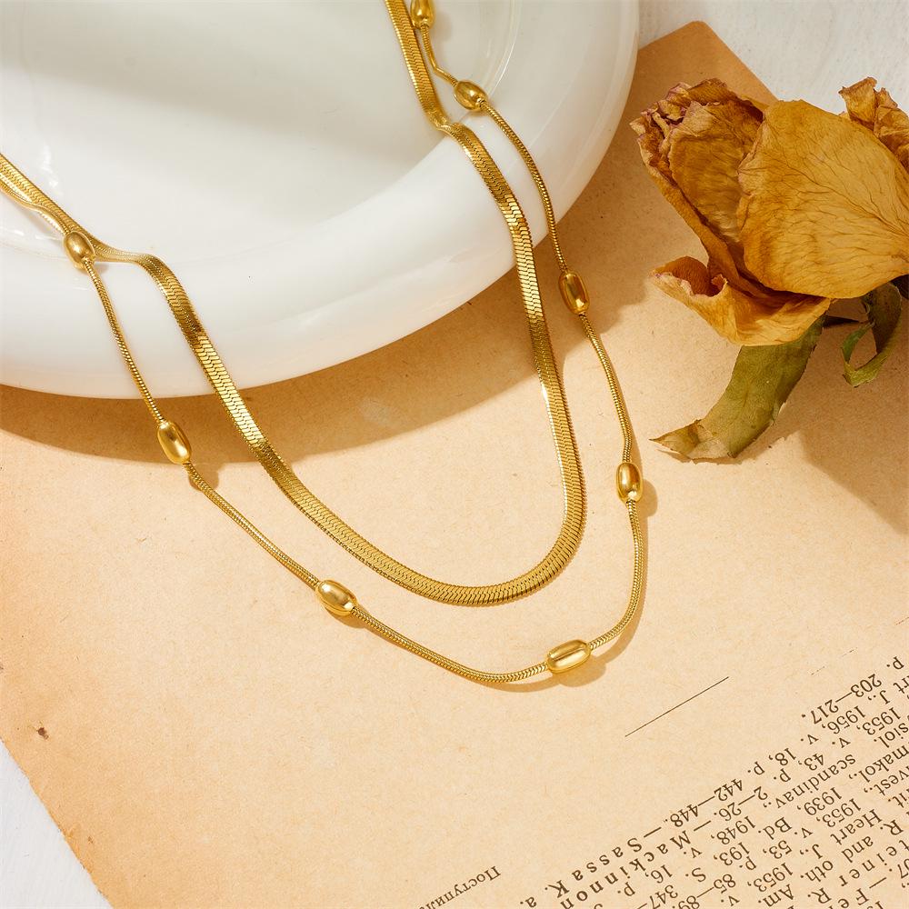 Double Layer Rice Bead Titanium Steel Necklace - Women's Summer Clavicle Chain