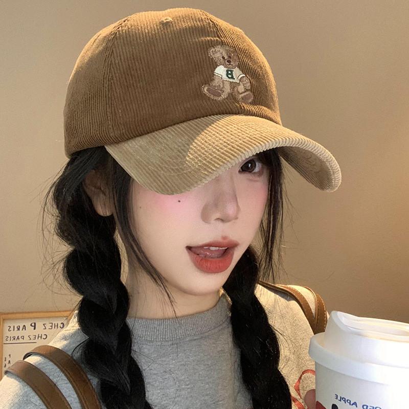 Corduroy Bear Cozy Embroidered Cap For Women In Stylish Colors For Fall Winter