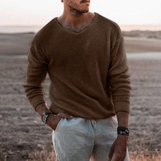 

Yousheng Fall Winter Men Sweater Knitted Solid Color Stretchy Loose High Elasticity Long Sleeves V Neck Pullover Casual Daily Wear Sweater
