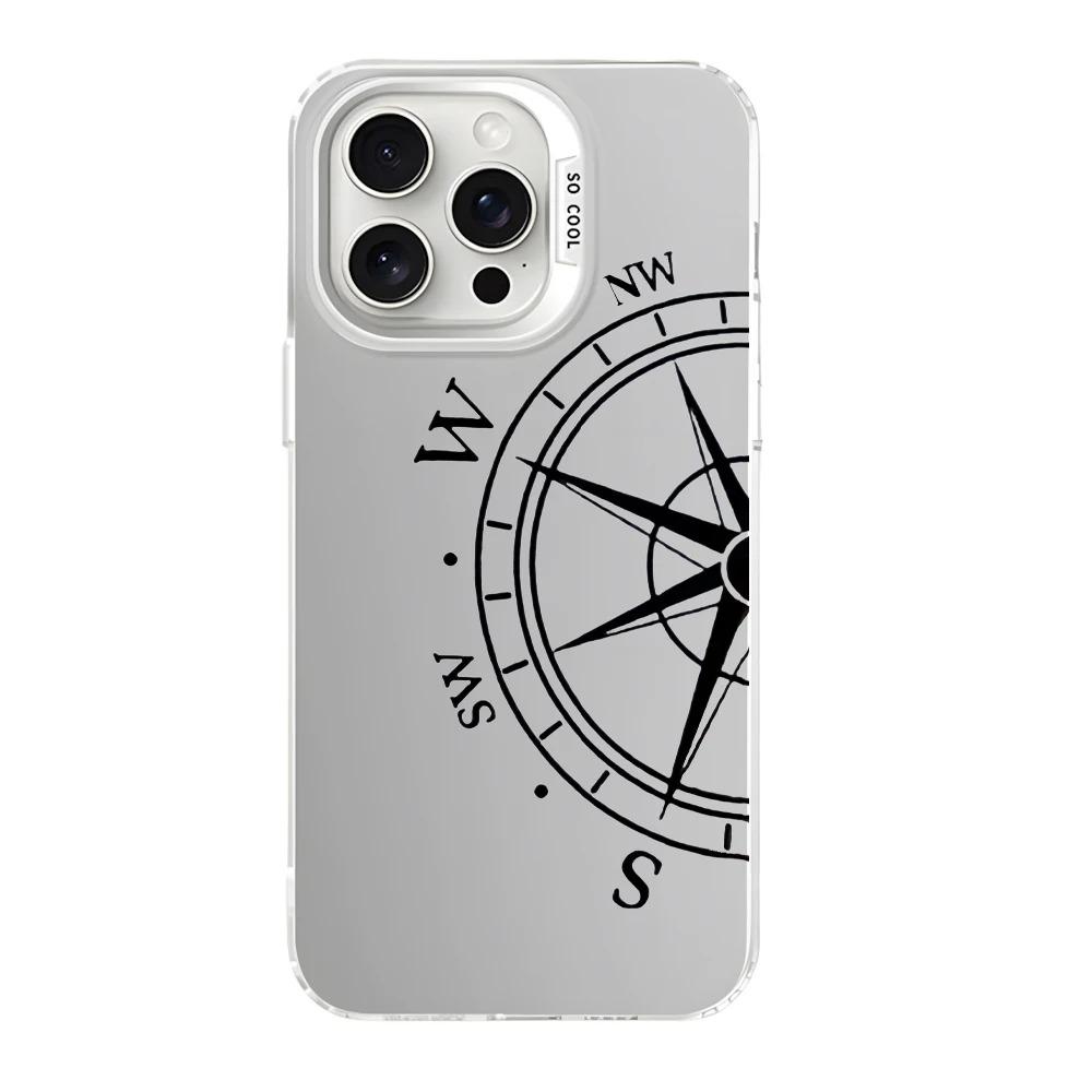 Fashion Vintage Compass Phone Case for iPhone 16 12 13 Mini 11 14 15 Pro Max XR 8 Plus Sturdy Hard IMD Plastic Shockproof Cover_