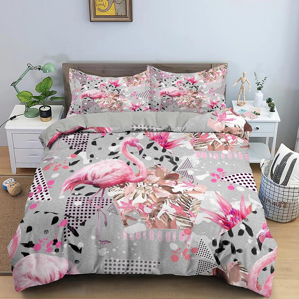 Girls Boys Tropical Botanical Leaves Flamingo Bedding Set Palm Leaf Comforter Cover King Size Toucan Flamingos Duvet Cover Kids