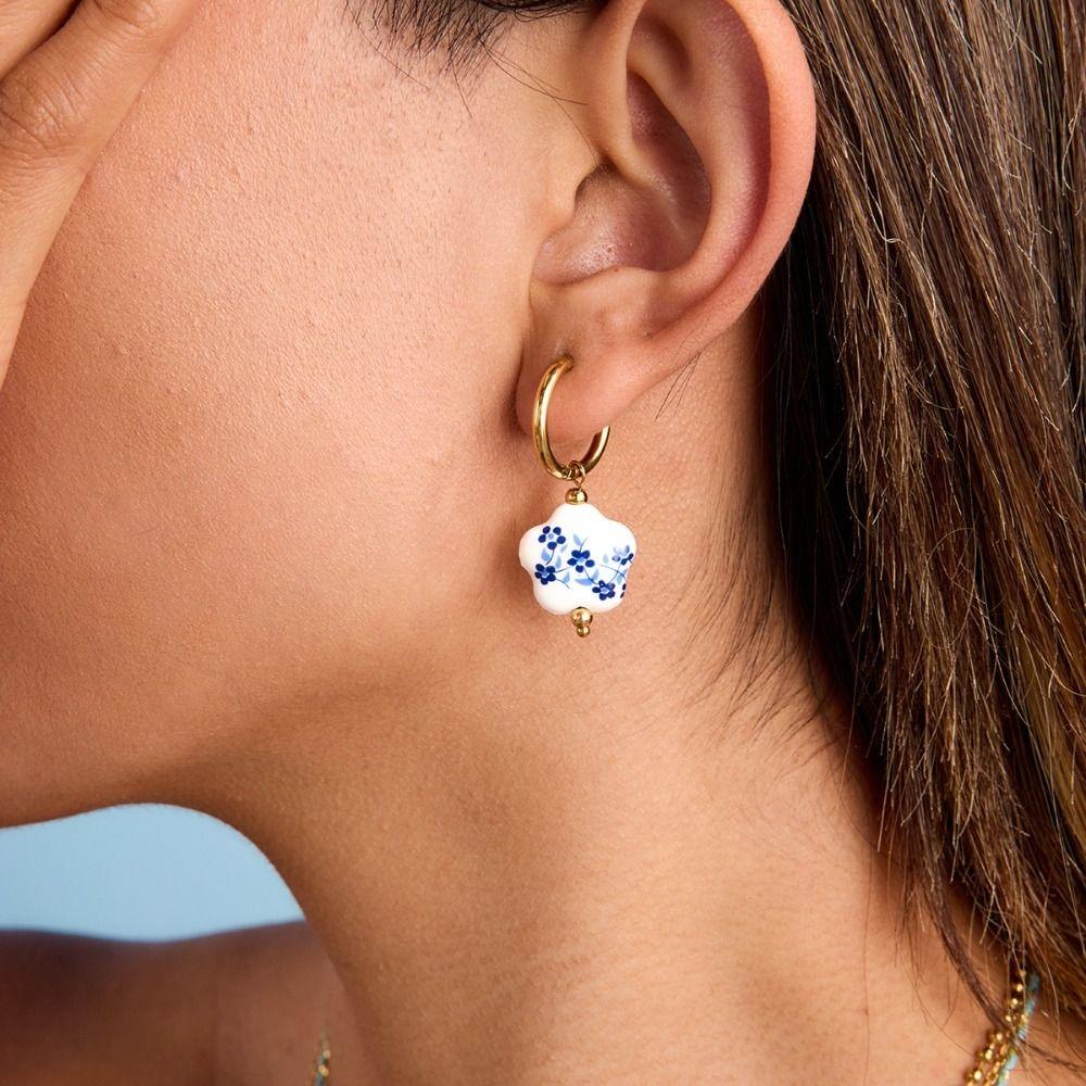 Chinese Style Ceramic Ear Buckle Dripping Oil Gold Hoop Earrings  Party