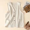 Women V Neck Button Down Sleeveless Linen Cotton Blend Vest With Pockets
