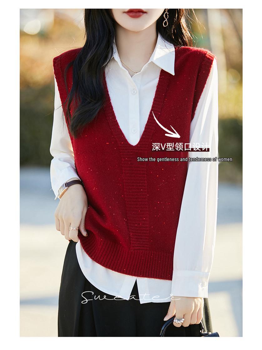 

Женский вязаный жилет без рукавов с V-образным вырезом и подплечниками большого размера - Блестящий весенне-осенний топ Large