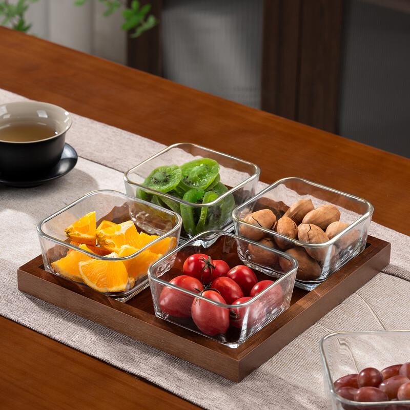 

HANYOU Solid Wood Partitioned Fruit Tray Set with 4 Clear Bowls