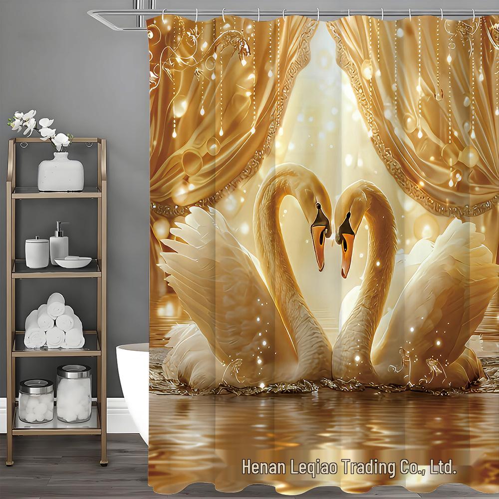 Złoty Łabędź Zestaw Łazienkowy: Zawiera Zasłonę prysznicową, Matę antypoślizgową, Pokrywę na deskę sedesową i Dywanik łazienkowy.