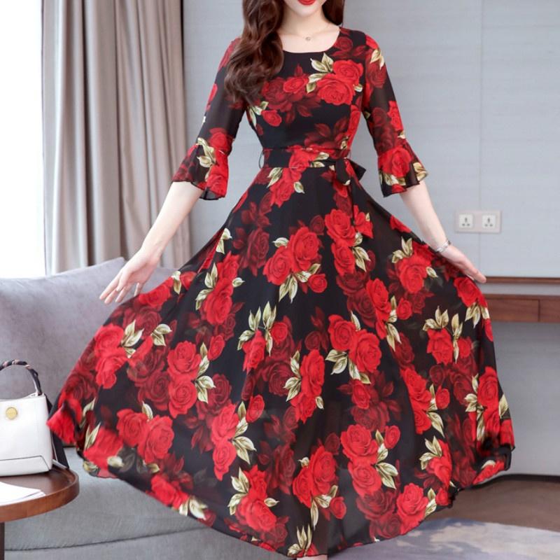 Summer Print Large Size Dress Long Paragraph Fashion Slim Big Swing Beach Skirt Female