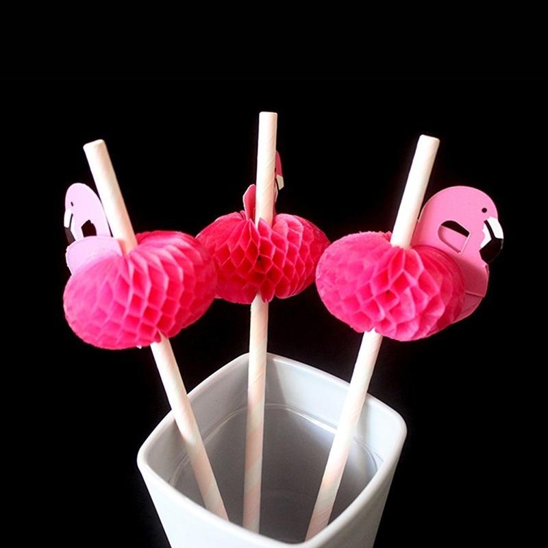 5Pcs Pink Flamingo Paper Straws Luau Tropical Beach Party Barware Favor