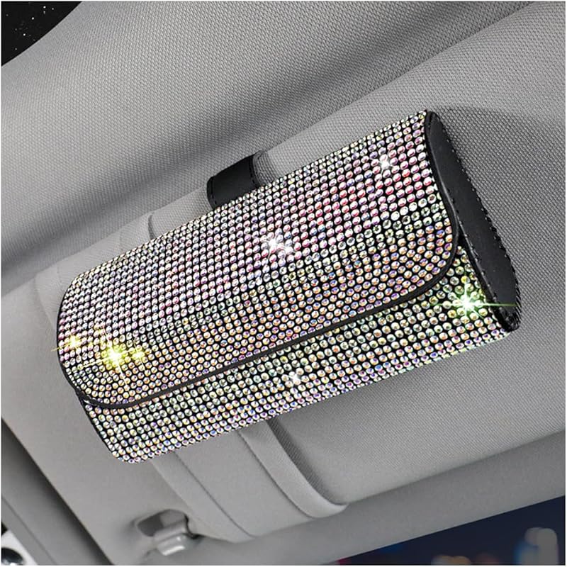 Bling Car Sunglass Holder For Sun Visor, Sparkling Crystal Leather Automotive Eyeglasses Mount Clip Organizer With Hidden Magnetic Closure For Men