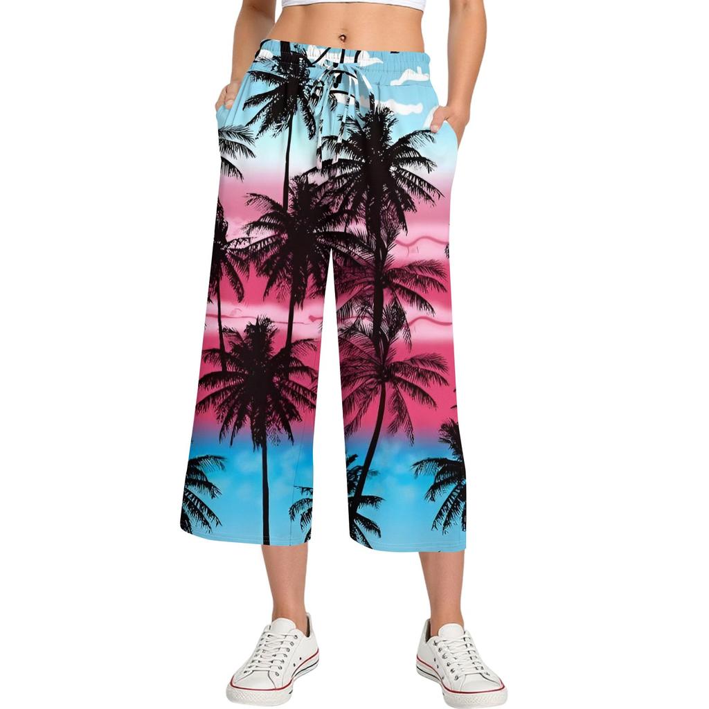 Damen Sommer Hohe Taille Bedruckte Freizeit-Sportbekleidung Lässige Cropped-Hose Weite Hose