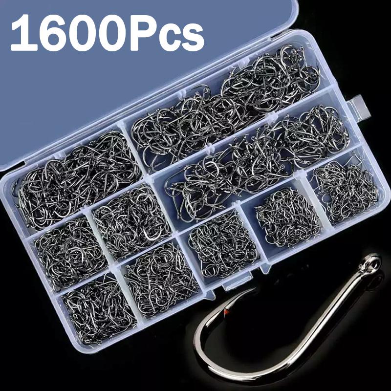 1600Pcs/1 Box Fishing Hooks Carbon Steel Strong Sharp Silver Circle Fishhook 3 #-12 #Jig Barbed Pesca Portable Lure Bait Tackle