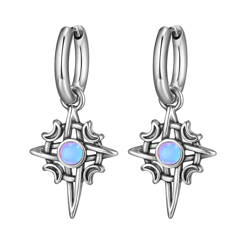 High Quality Moonlight Stone Hoop Earrings for Men,Stainless Steel Four Pointed Star Hoop Earrings,Trendy Jewelry Gift