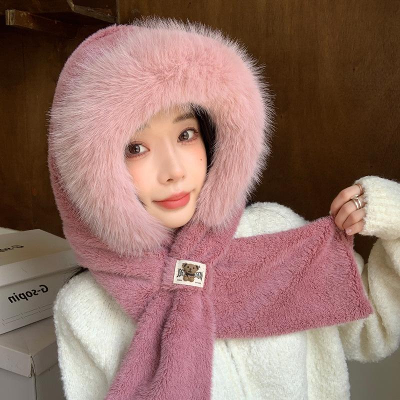 Cute Plush Hat Scarf Integrated Hat for Women In Winter Thick Windproof One Piece Hat Cold Warm Scarf Ear Protection Hat Trendy