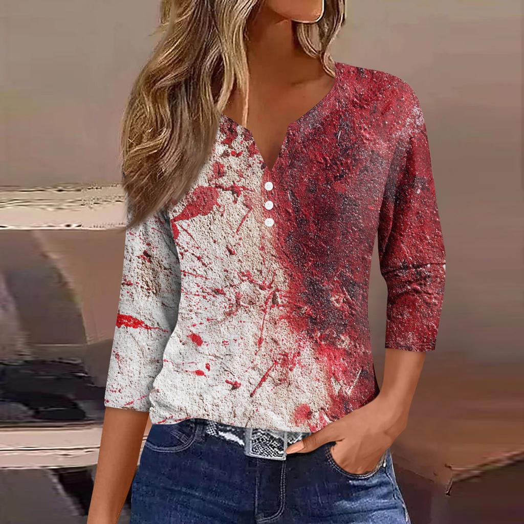 Damesmode Casual Halloween Print V-hals Korte Mouw Decoratieve Knop Driekwart Mouw T-shirt Top