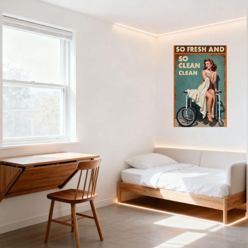 Vintage Teal Retro Cleaning Poster Metal Tin Sign, Pin-up Woman Curly Red Hair Gold Swimsuit Mid-20th Century Advertising Wall D