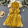 Frenchic Vintage Maxi Dress Women Stand Collar Lantern Sleeve Lace-up Female A-line Elegant Dresses Spring Autumn