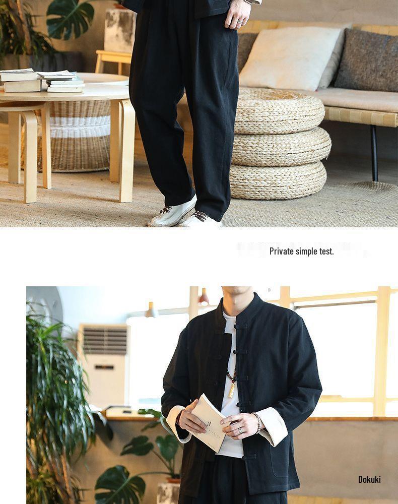 Men's Tang Suit Cotton & Linen Hanfu: Traditional Chinese Costume for Meditation & Tea Ceremonies (Spring-Summer-Fall)