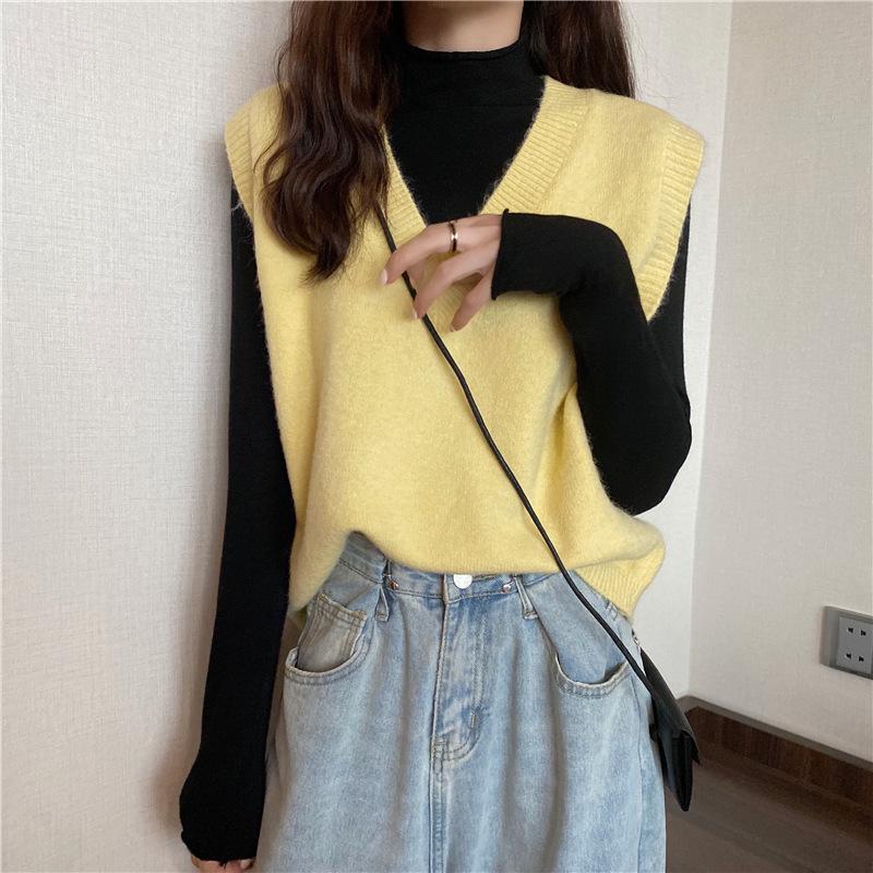 Damen Strick V-Ausschnitt Ärmelloser Pullover Weste - Lockere Passform, Unifarbe für Frühling und Herbst.