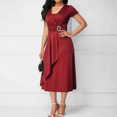 Damen V-Ausschnitt Raffung an der Taille Asymmetrischer Rüschen Midi-Kleid Elegantes Partykleid