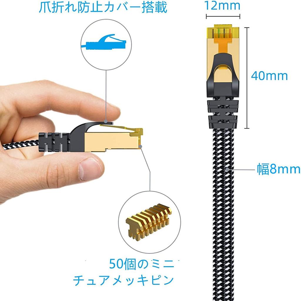 BUSOHE LAN Cat8 Flat Braided High RJ45 Thin Ethernet Cable with 8 Plating Suitable for Includes 50 Fasteners Cable, 50M, Cable, Speed, Connector,