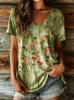 Women's V-Neck Watercolor Floral Print Green Short Sleeve T-Shirt, Casual Tops for Spring & Summer