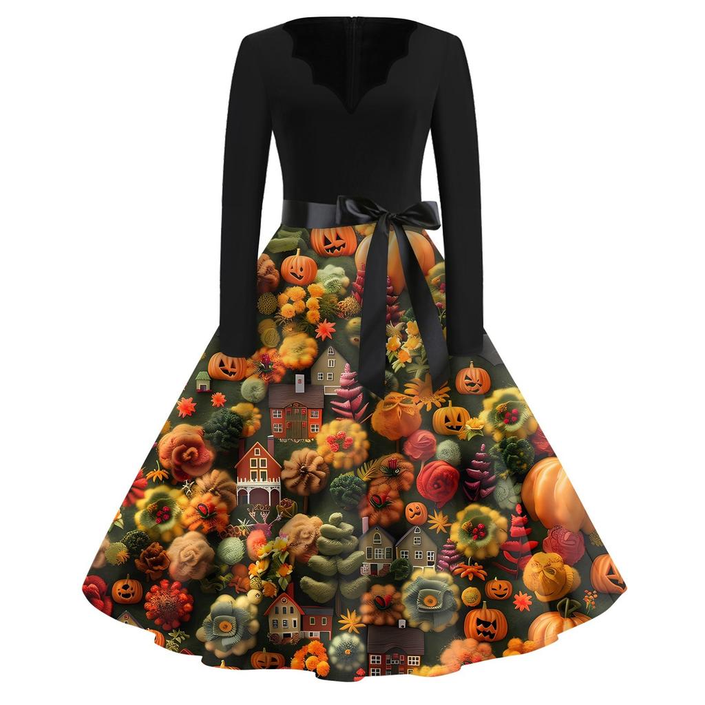 Halloween Print Flare Dress For Women Long Sleeve Dress Hollow Party Casual Dresses