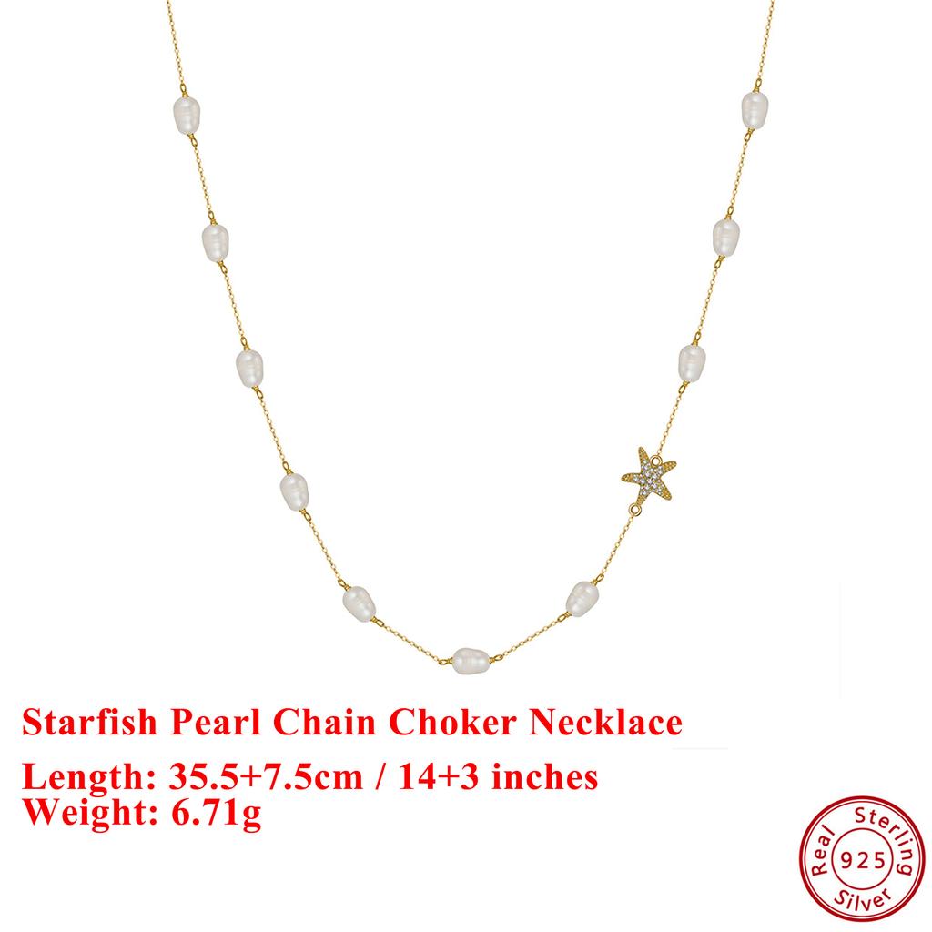 EFFIE QUEEN Natural Pearl Choker Necklace Fashion 925 Sterling Silver Starfish 5A CZ Necklace Party Jewelry Gift for Women BQN06