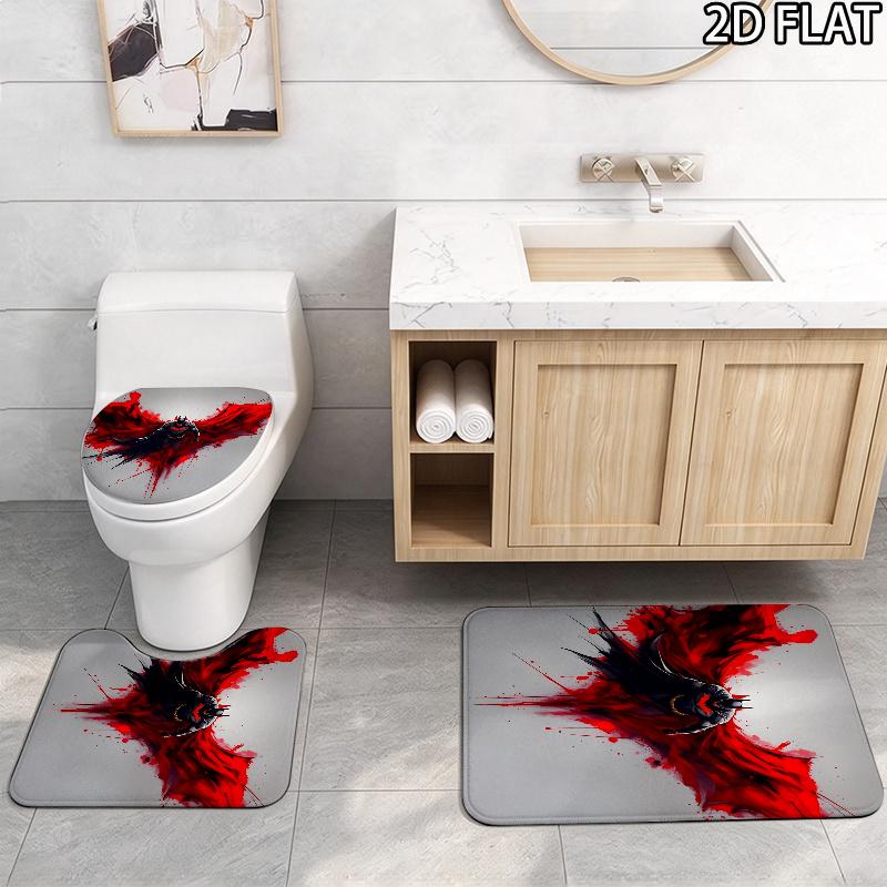 3pcs Black and Red Batman Pattern Flannel Nonslip Absorbent Washable Decorative Bathroom Home Toilet Seat Cover Mat