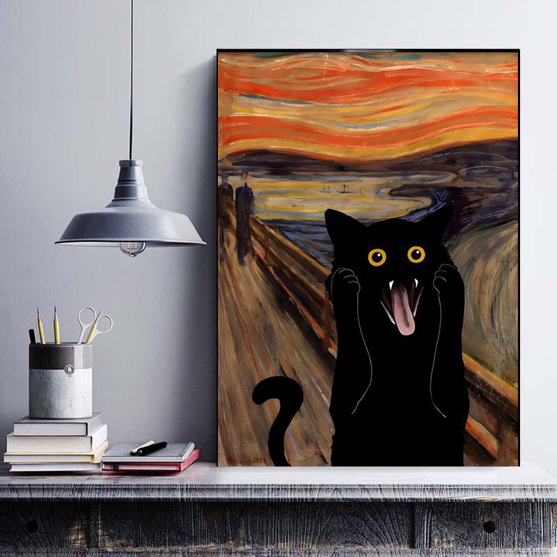 The Scream Black Cat Portrait Lustige Kunst Leinwand Malerei Abstrakte Schwarze Katze Poster Und Drucke Cuadros Wandkunst Für Wohnzimmer