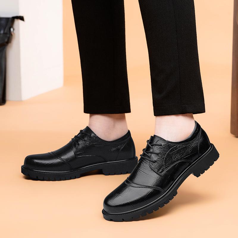 Four Seasons First Layer Cowhide Men's Lace-Up Casual Shoes Cowhide Splicing Leather Trend Fleece Business Dress Leather Shoes