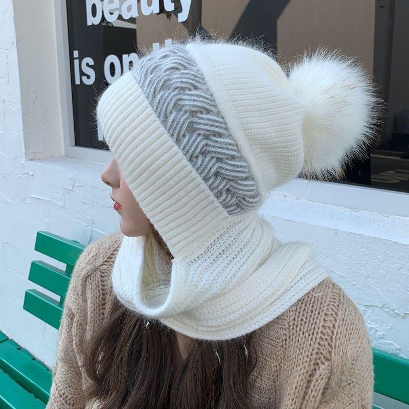 Hat and Scarf Integrated Women's Winter Warm Versatile Autumn and Winter Wool Hat Fashion Trendy Velvet Winter Knitted Hat