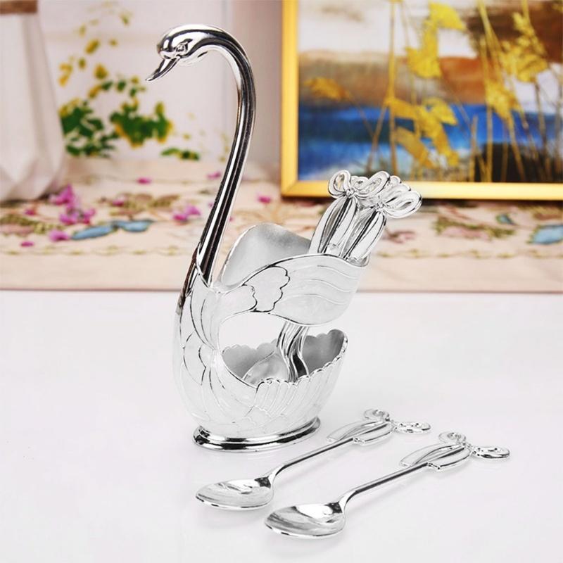 Set de linguri pentru desert cafea în stil european Suport pentru linguriță pentru fructe cu lebădă elegantă Vesă decorativă Argint