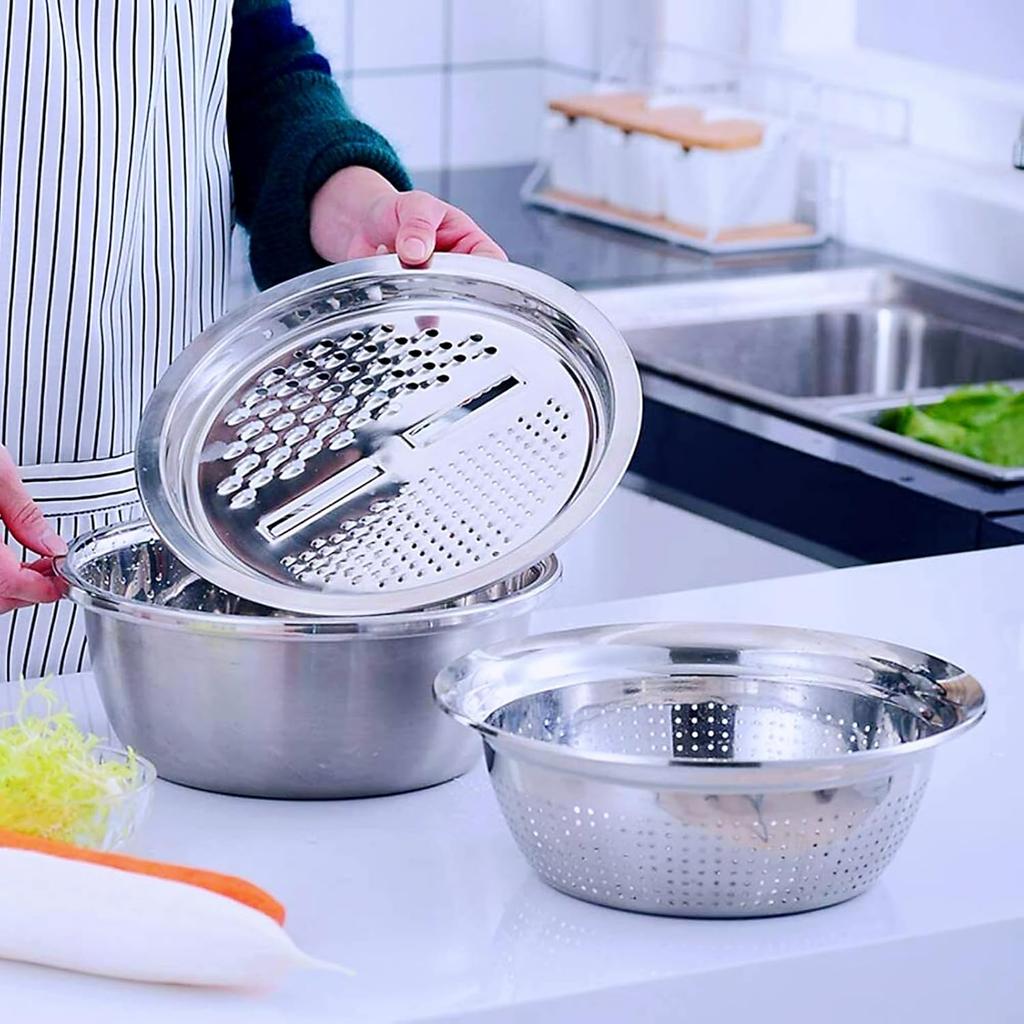 Germany Multifunctional Stainless Steel Basin,Stainless Steel Bowl With Grater Lid,5 In 1 Vegetable Cutter With Drain Basket, Grater Strainer And