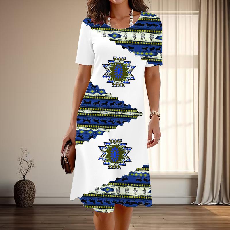 Dámská móda Půvabné Retro Potisk Letní Jarní Krátký Rukáv Kulatý Výstřih Ležérní Šaty
