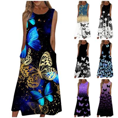 Women's Casual Printed Dresses Round Neck Basic Classic Outdoor Daily Sleeveless Loose Dresses