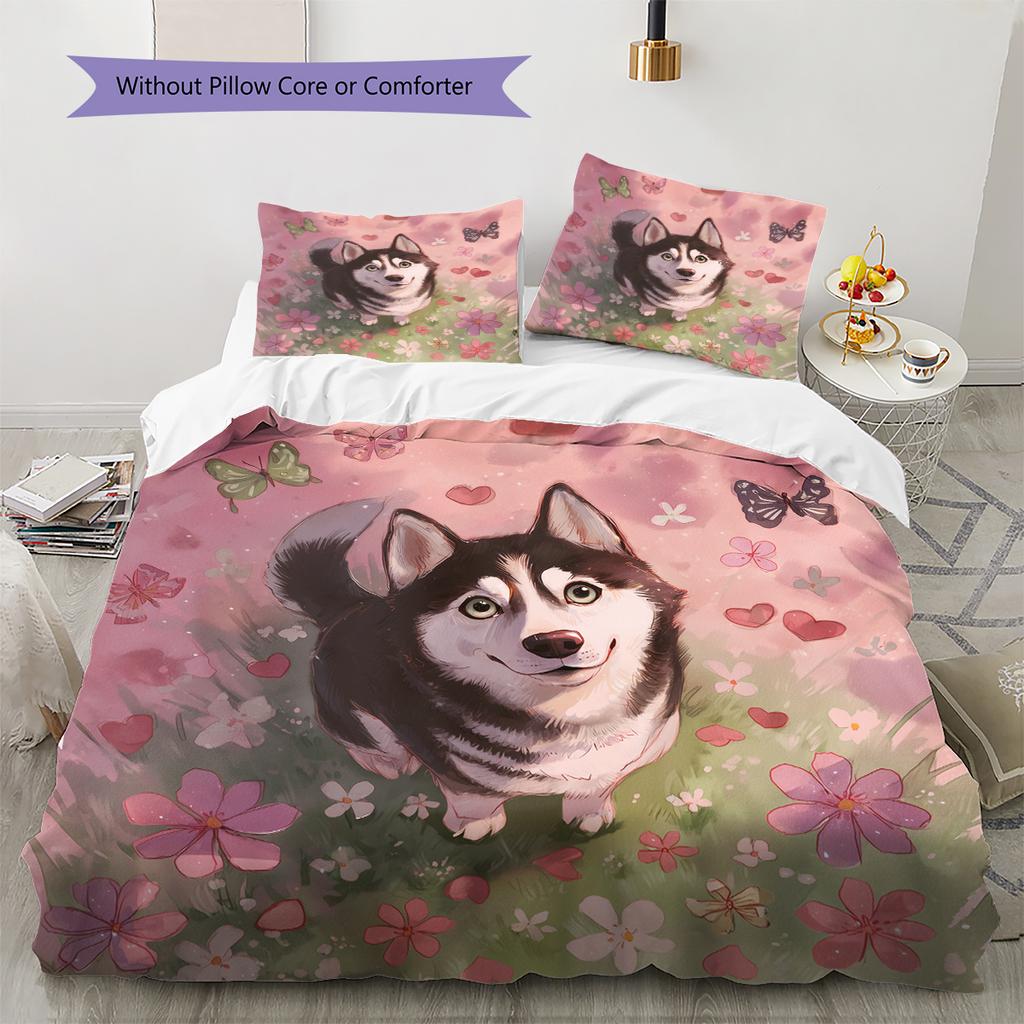 Cartoon Husky Muster Bettwäsche Heimdekoration Geburtstagsgeschenk (1 Bettbezug + 2 Kissenbezüge, ohne Füllung)