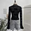 Women's Sexy V-neck Lace Shirt with Lace-up Bowknot and Hollow Long Sleeves