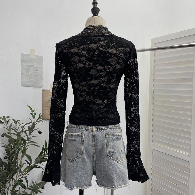 Women's Sexy V-neck Lace Shirt with Lace-up Bowknot and Hollow Long Sleeves