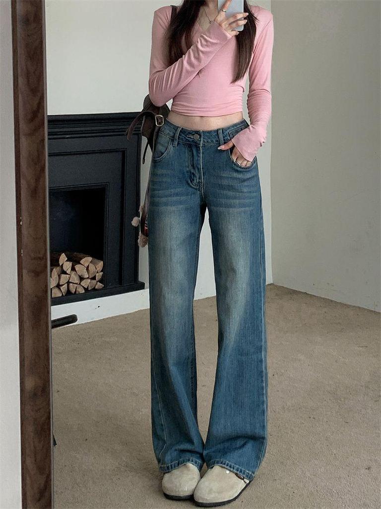 Pantalon en Denim Bleu Rétro Jambe Droite pour Femme - Amincissant Long jusqu'au Sol, Micro-Élastique, Automne/Hiver 2025