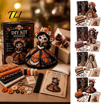 Nybegynnervennlig Syprosjekt Halloween Lappeteppe Dukke DIY-sett, Skjelett Heks Jente Håndlaget Enkelt Broderi Startsett Stoffhåndverk for
