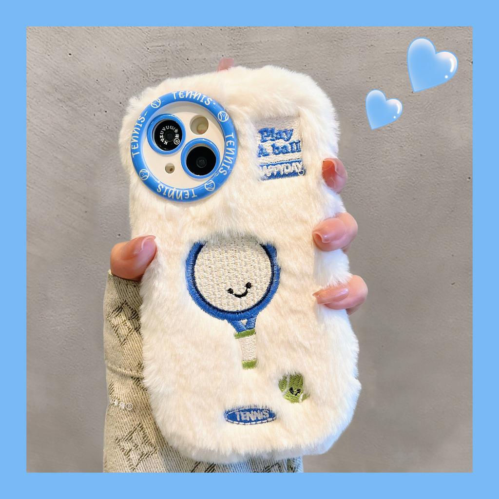 Embroidered Tennis Racket Plush Phone Case for iPhone 16 15 14 13 Pro Max Fall/Winter Warm Plush Phone Case
