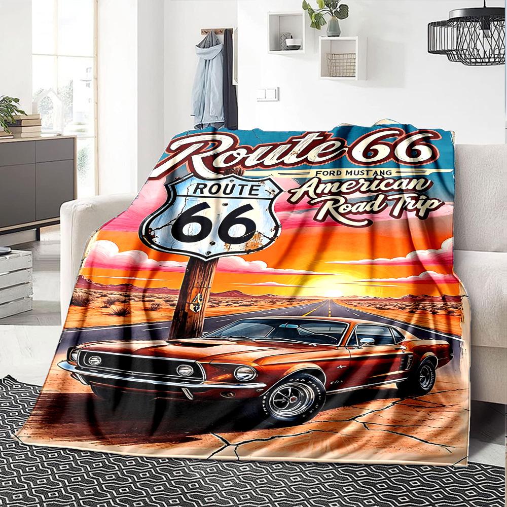 1pc Route 66 American Road Trip Soft Flannel All Season Throw for Home, Office, Outdoor UseDurable Comfort Soft Warm Throw for Home