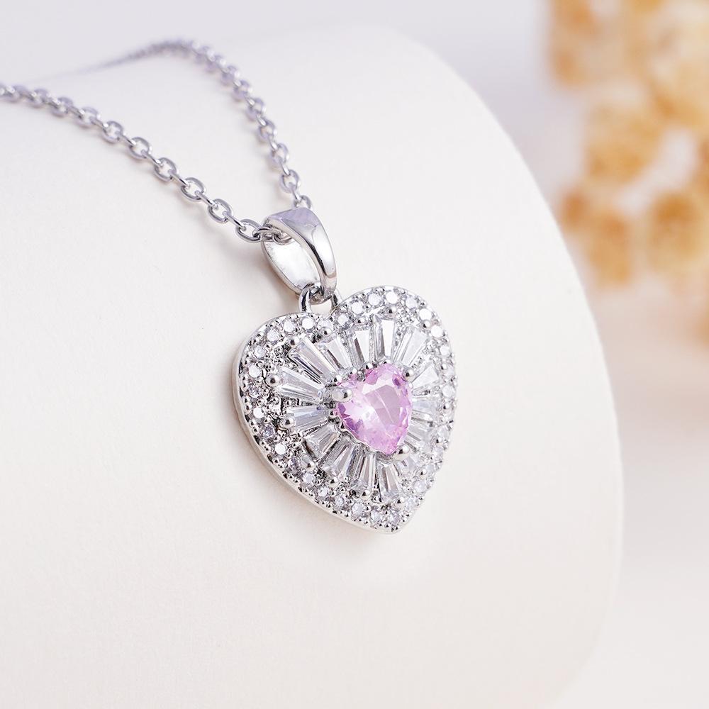 Romantic Pink Zircon Love Heart Pendant Necklace for Women Girls Stainless Steel Chain Luxury Sweet Collar Jewelry Gifts