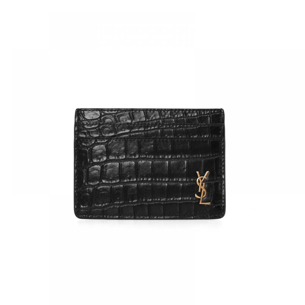 Saint Laurent 607603 Dze0w 1000 Tiny Monogram Krokodil-Prägung Goldfarbener Kartenhalter