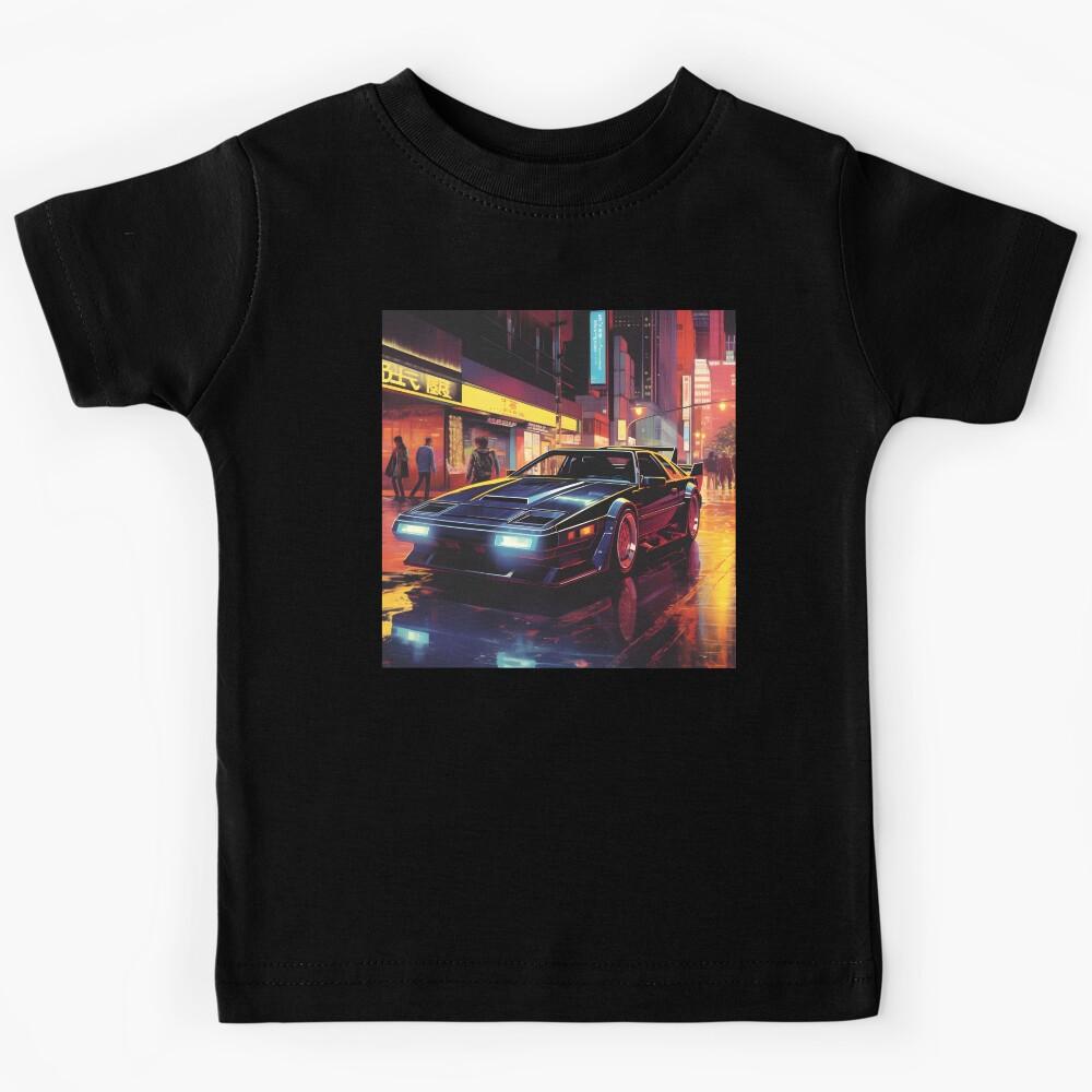 Retro Futuristic Street Racing Black Sports Car and Night City of the Future Kids T-Shirt 140
