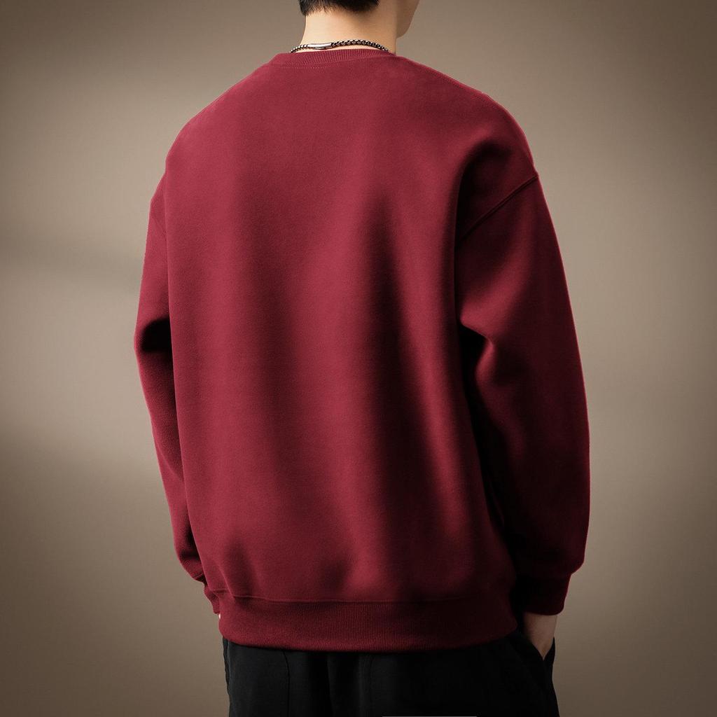 Premium American Style Heavyweight Embroidered Round Neck Men's Winter Hoodie with Velvet, Loose Fit Casual Pullover.